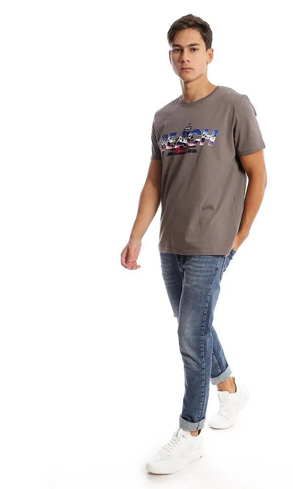 95755 Colorful Printed "Beach" Taupe Summer Tee