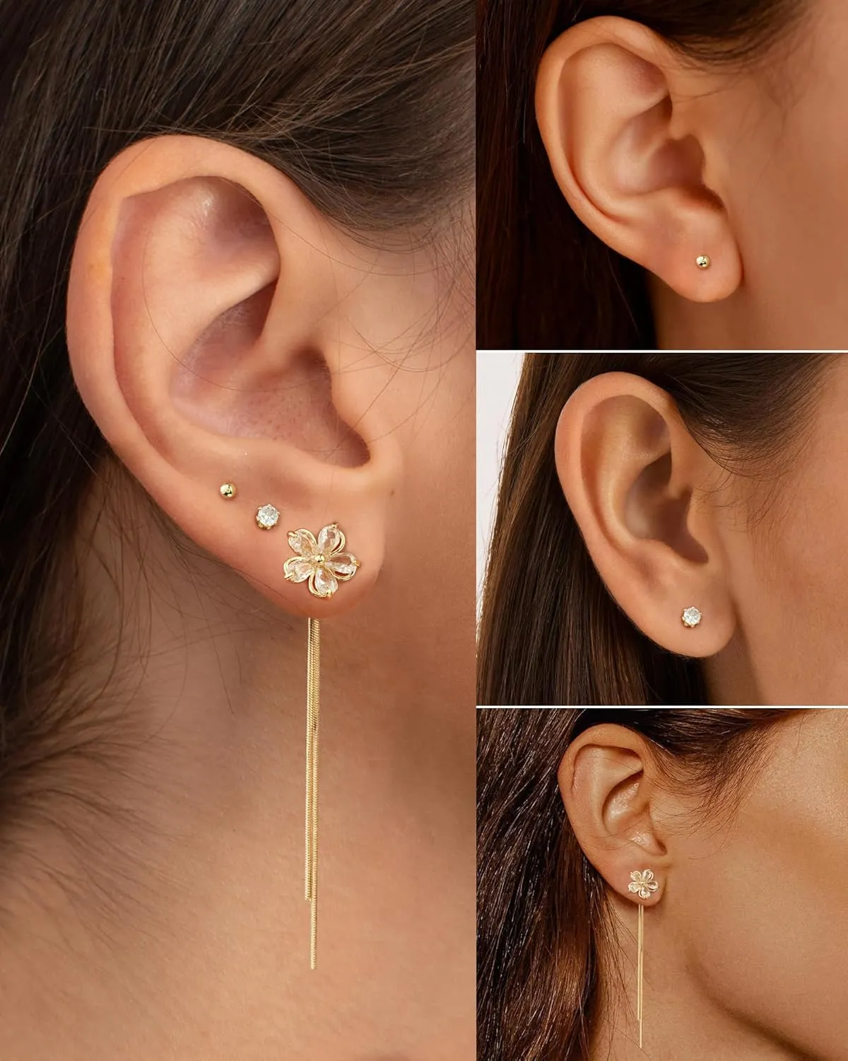 ACECHA Small Gold Hoop Earrings for Women, 14K Gold Plated Dainty Multiple Piercing Stud Earring Set Trendy Tassel Dangle Jewelry Stacks Gift
