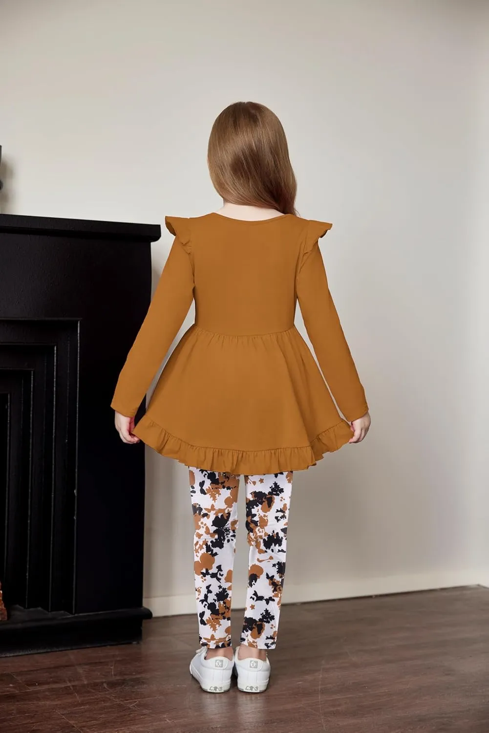 Arshiner Toddler Girl Ruffle Trim Long Sleeve Top and Floral Print Leggings Sets