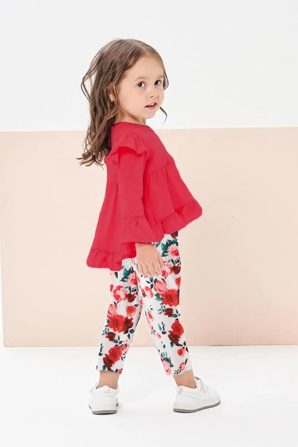 Arshiner Toddler Girl Ruffle Trim Long Sleeve Top and Floral Print Leggings Sets