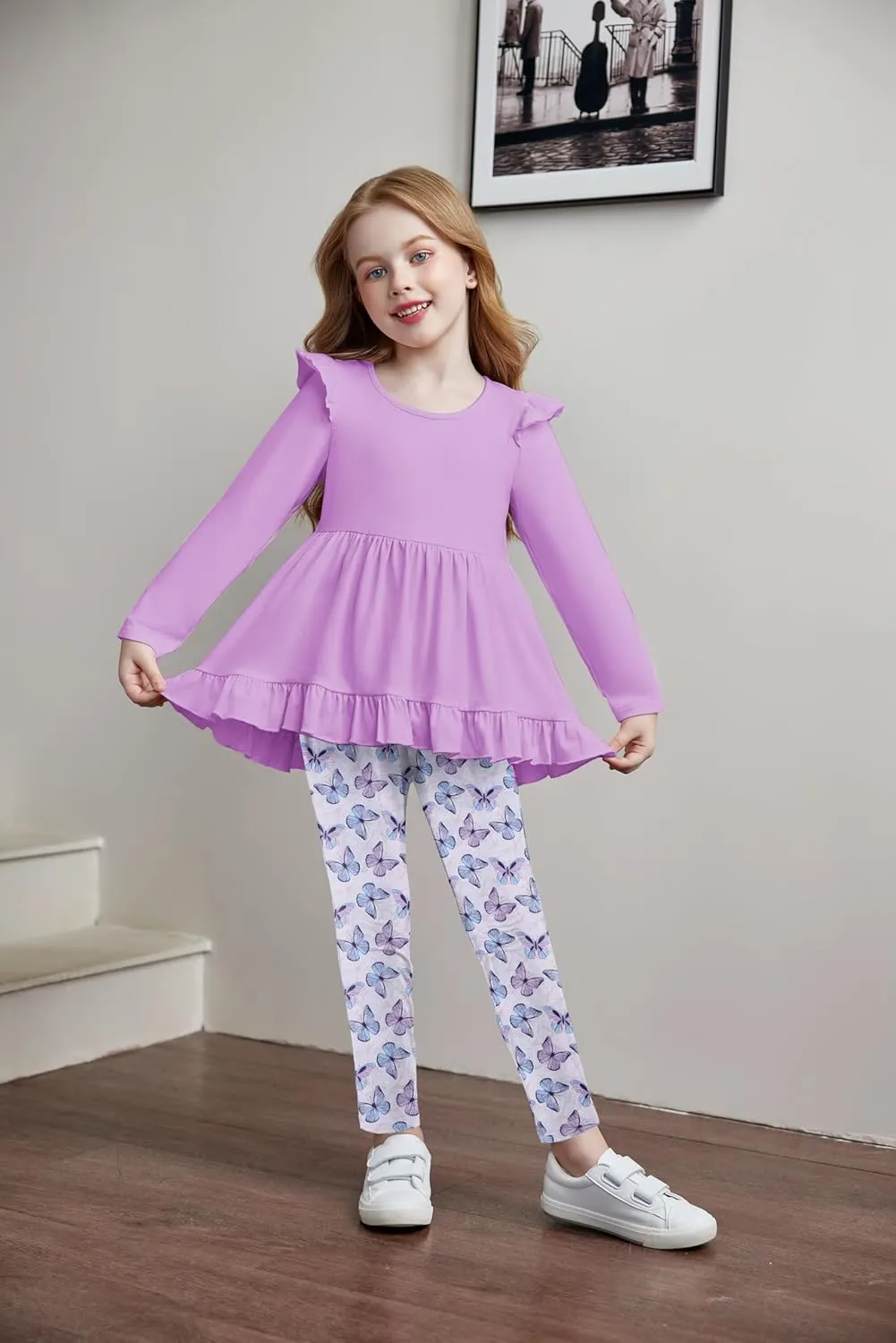 Arshiner Toddler Girl Ruffle Trim Long Sleeve Top and Floral Print Leggings Sets