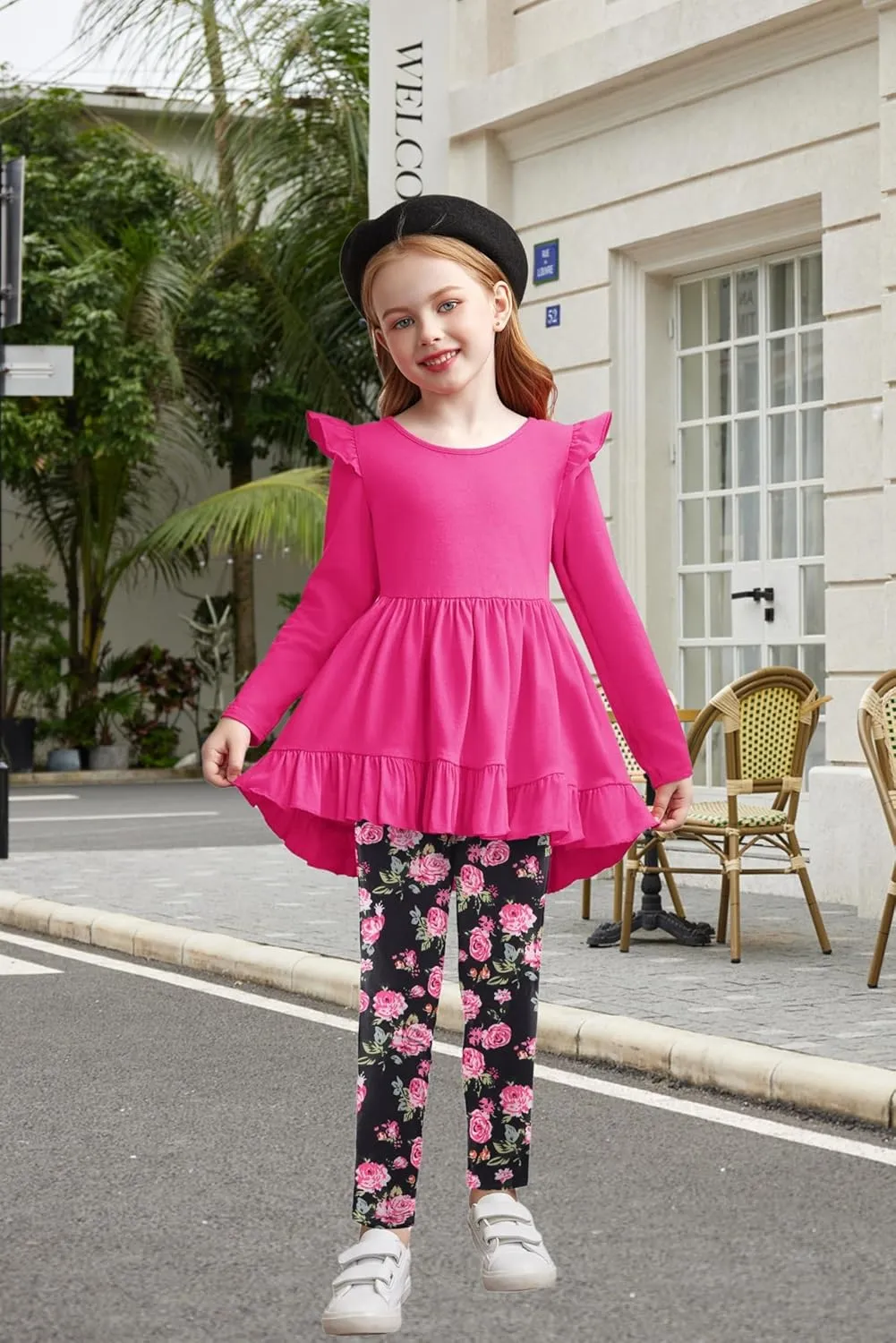 Arshiner Toddler Girl Ruffle Trim Long Sleeve Top and Floral Print Leggings Sets