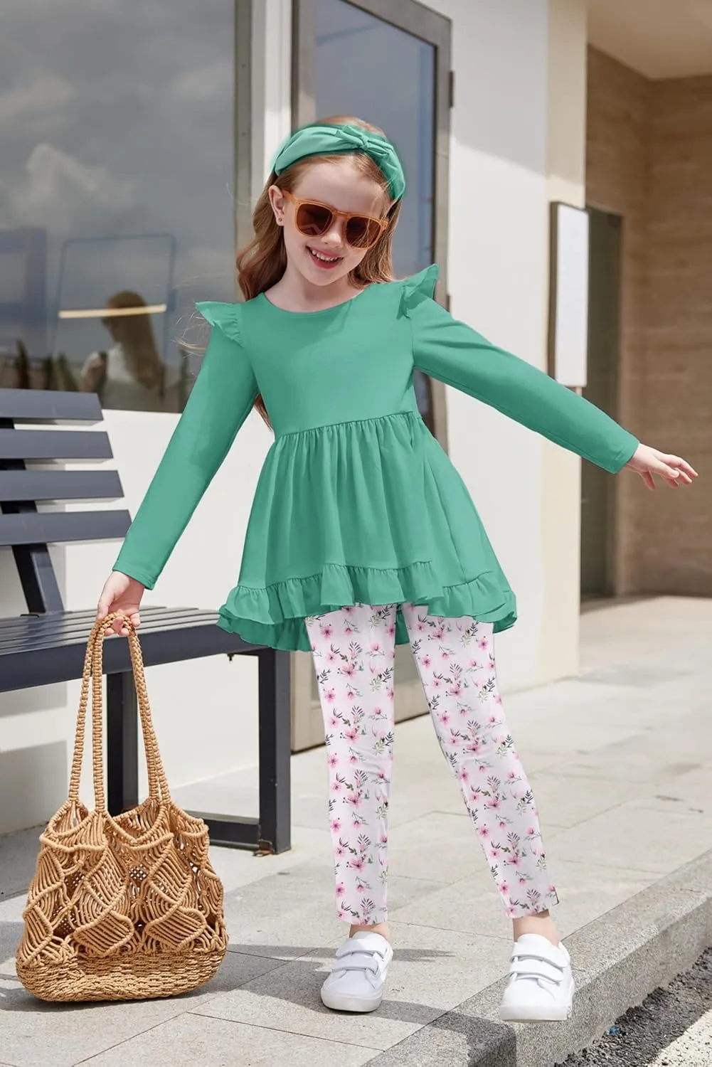 Arshiner Toddler Girl Ruffle Trim Long Sleeve Top and Floral Print Leggings Sets