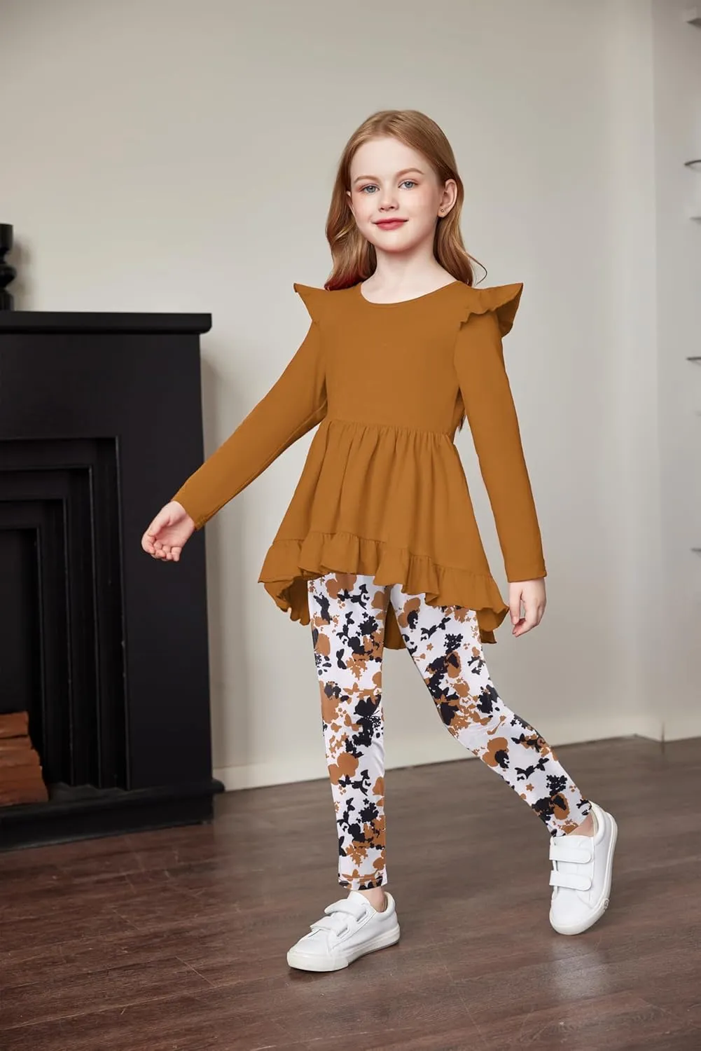 Arshiner Toddler Girl Ruffle Trim Long Sleeve Top and Floral Print Leggings Sets