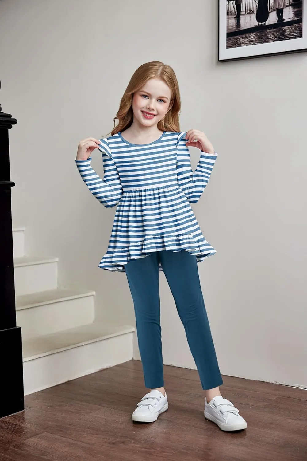 Arshiner Toddler Girl Ruffle Trim Long Sleeve Top and Floral Print Leggings Sets