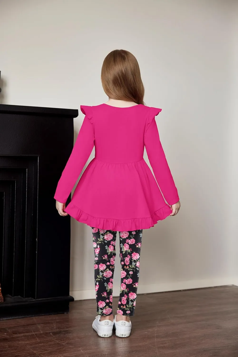 Arshiner Toddler Girl Ruffle Trim Long Sleeve Top and Floral Print Leggings Sets