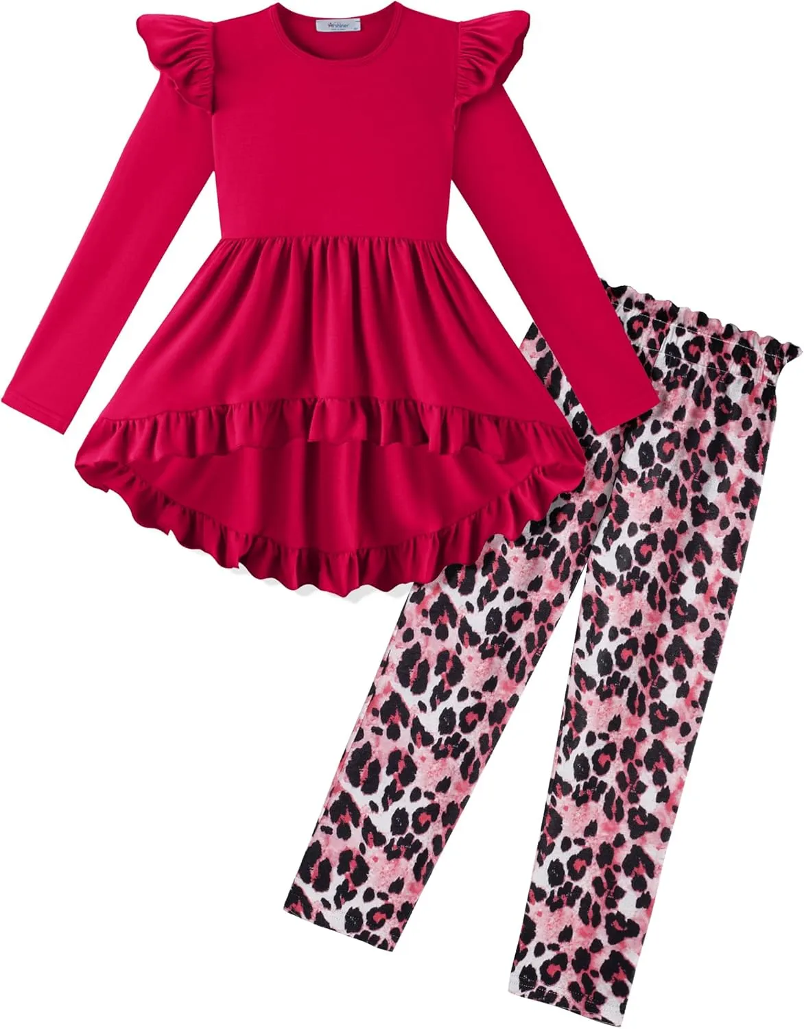 Arshiner Toddler Girl Ruffle Trim Long Sleeve Top and Floral Print Leggings Sets