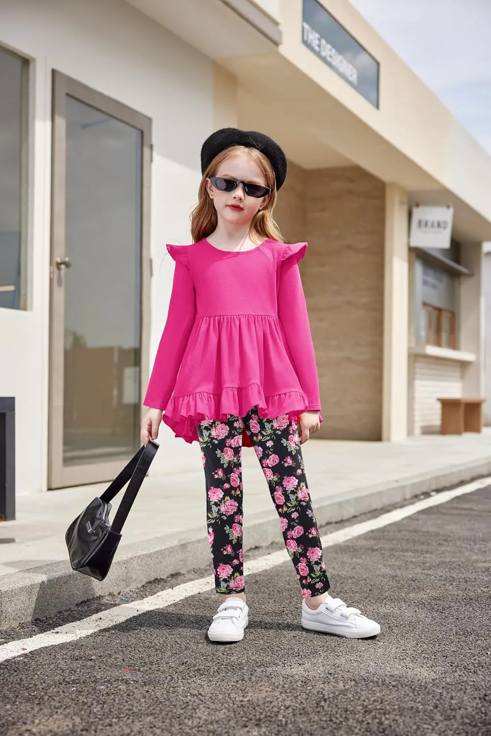 Arshiner Toddler Girl Ruffle Trim Long Sleeve Top and Floral Print Leggings Sets