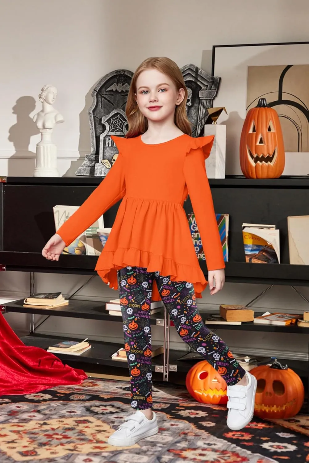Arshiner Toddler Girl Ruffle Trim Long Sleeve Top and Floral Print Leggings Sets