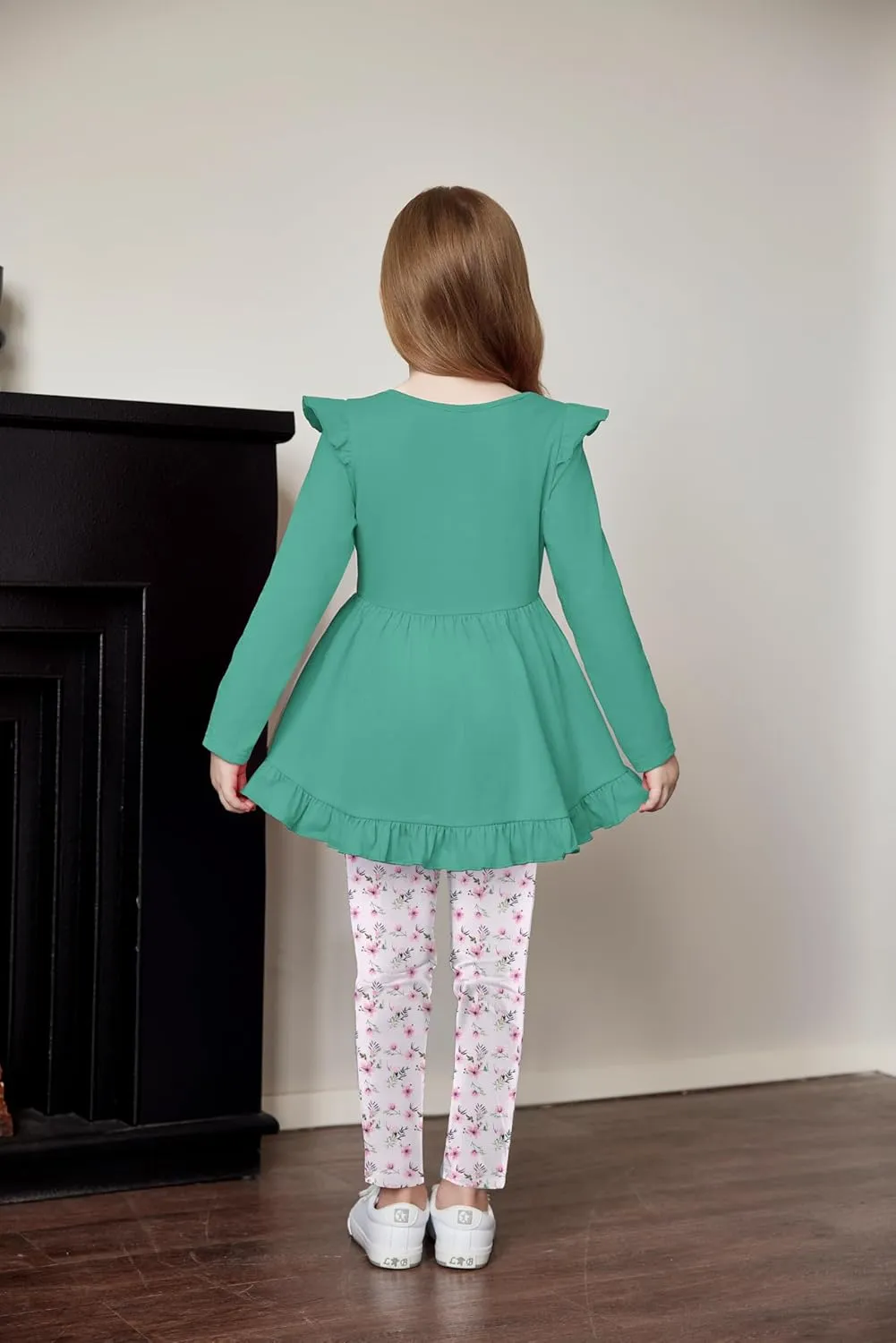 Arshiner Toddler Girl Ruffle Trim Long Sleeve Top and Floral Print Leggings Sets