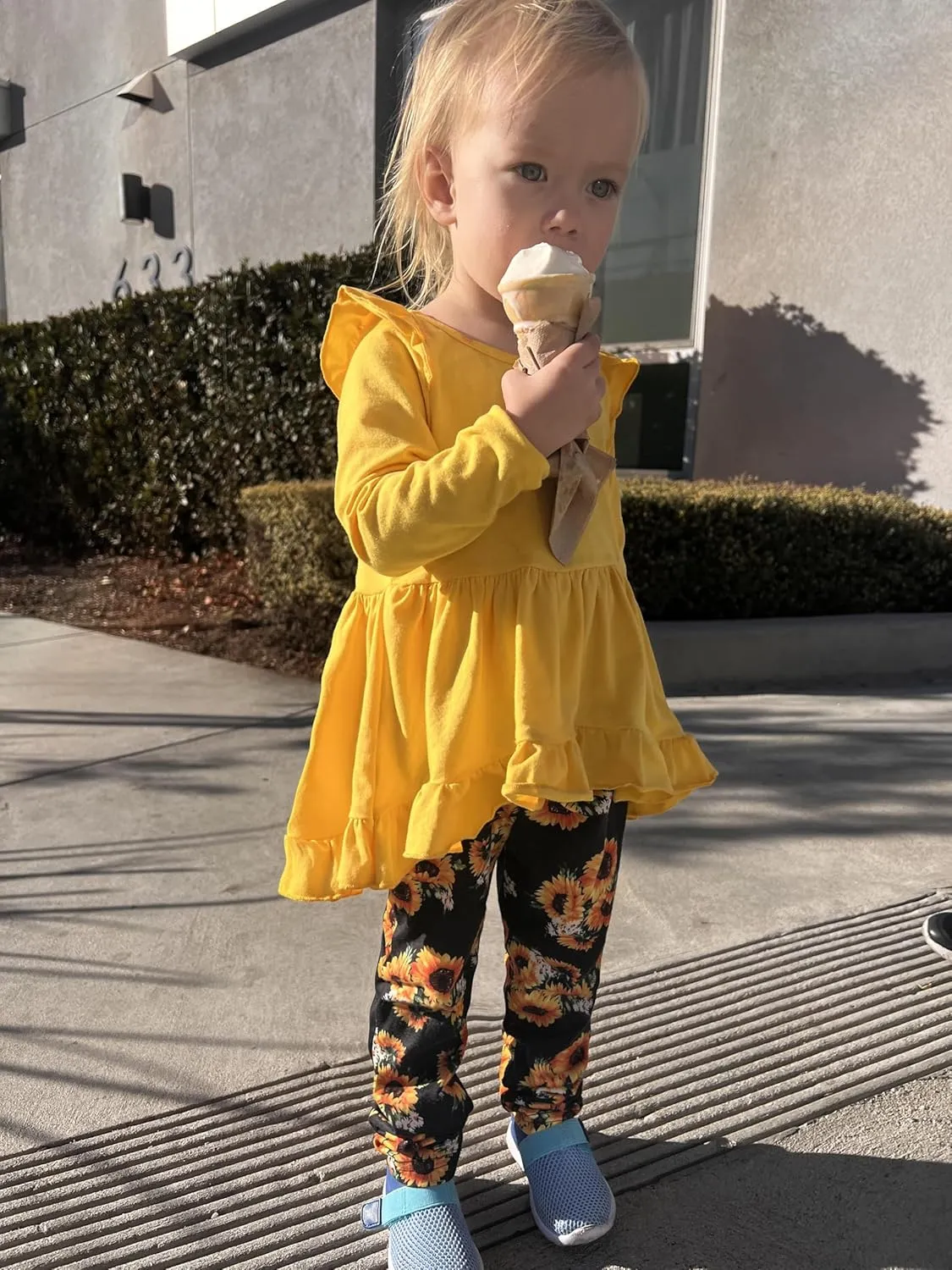 Arshiner Toddler Girl Ruffle Trim Long Sleeve Top and Floral Print Leggings Sets