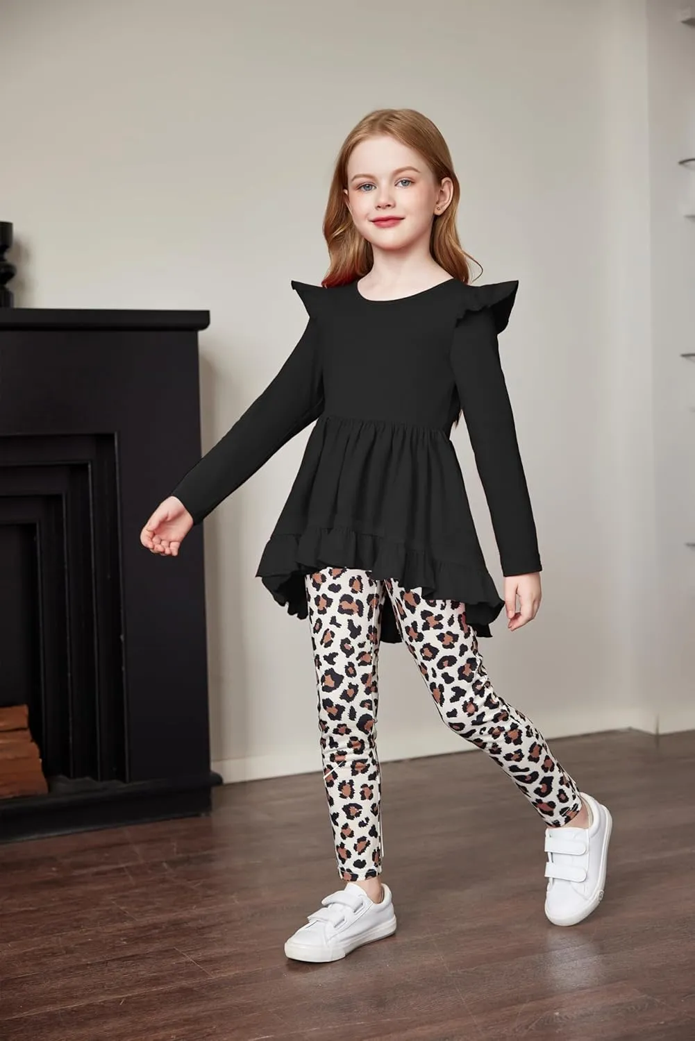 Arshiner Toddler Girl Ruffle Trim Long Sleeve Top and Floral Print Leggings Sets