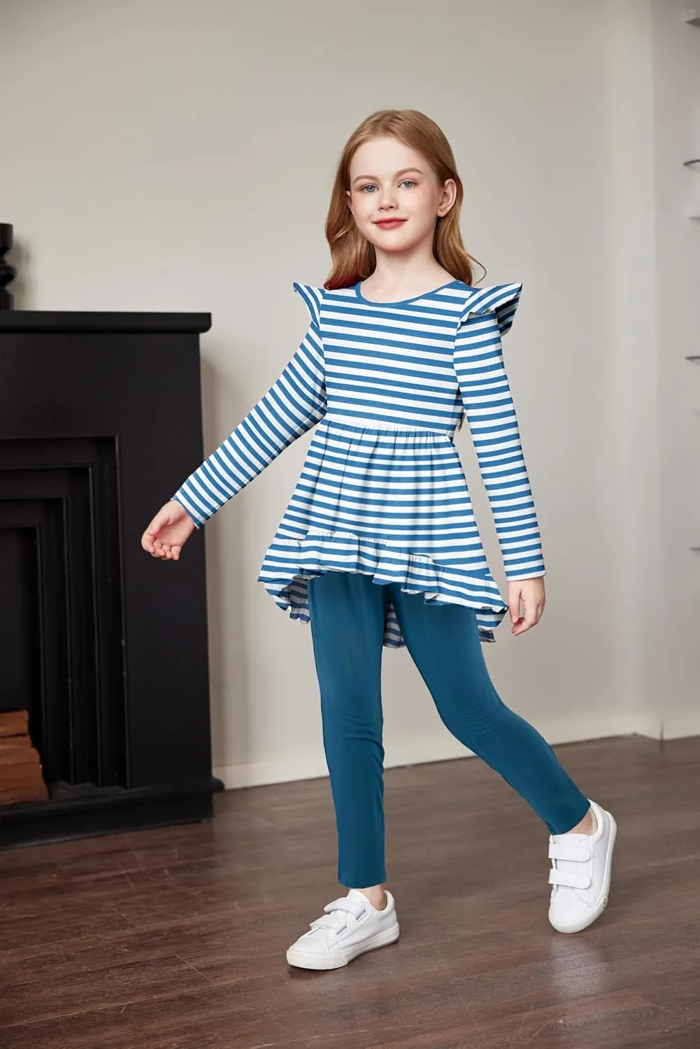 Arshiner Toddler Girl Ruffle Trim Long Sleeve Top and Floral Print Leggings Sets