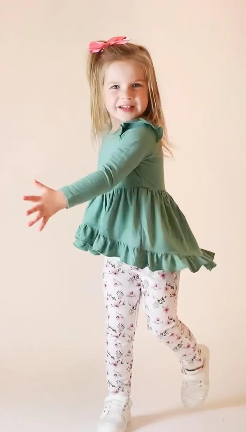 Arshiner Toddler Girl Ruffle Trim Long Sleeve Top and Floral Print Leggings Sets