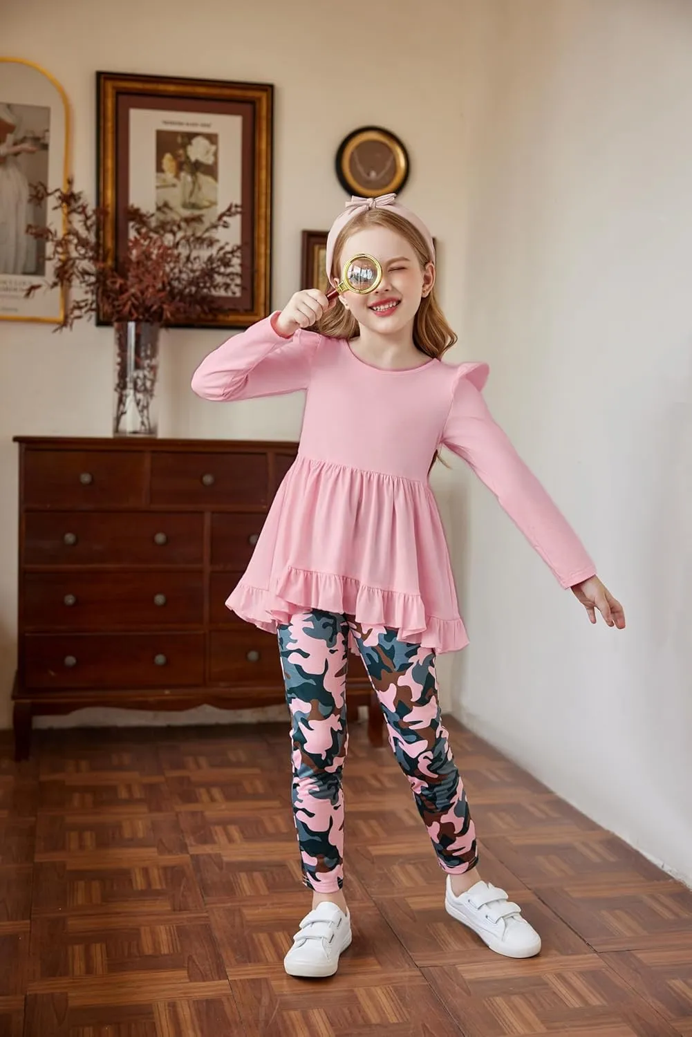 Arshiner Toddler Girl Ruffle Trim Long Sleeve Top and Floral Print Leggings Sets