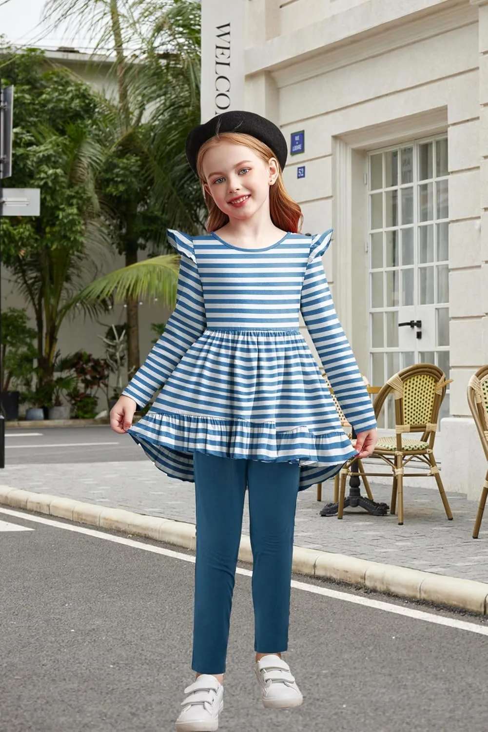 Arshiner Toddler Girl Ruffle Trim Long Sleeve Top and Floral Print Leggings Sets