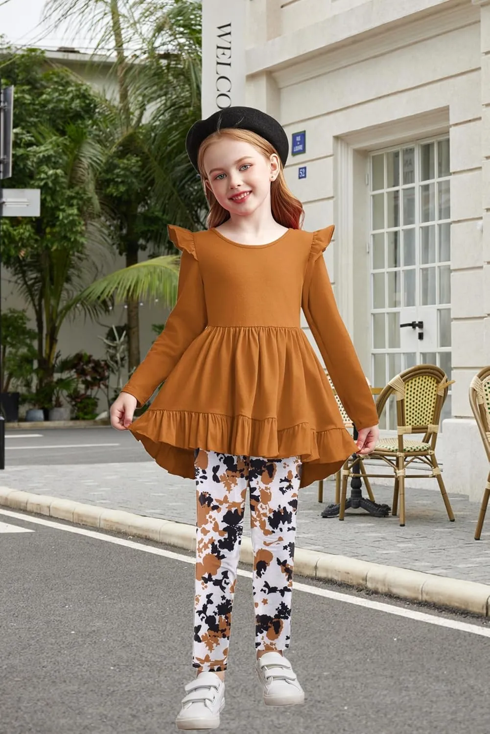 Arshiner Toddler Girl Ruffle Trim Long Sleeve Top and Floral Print Leggings Sets