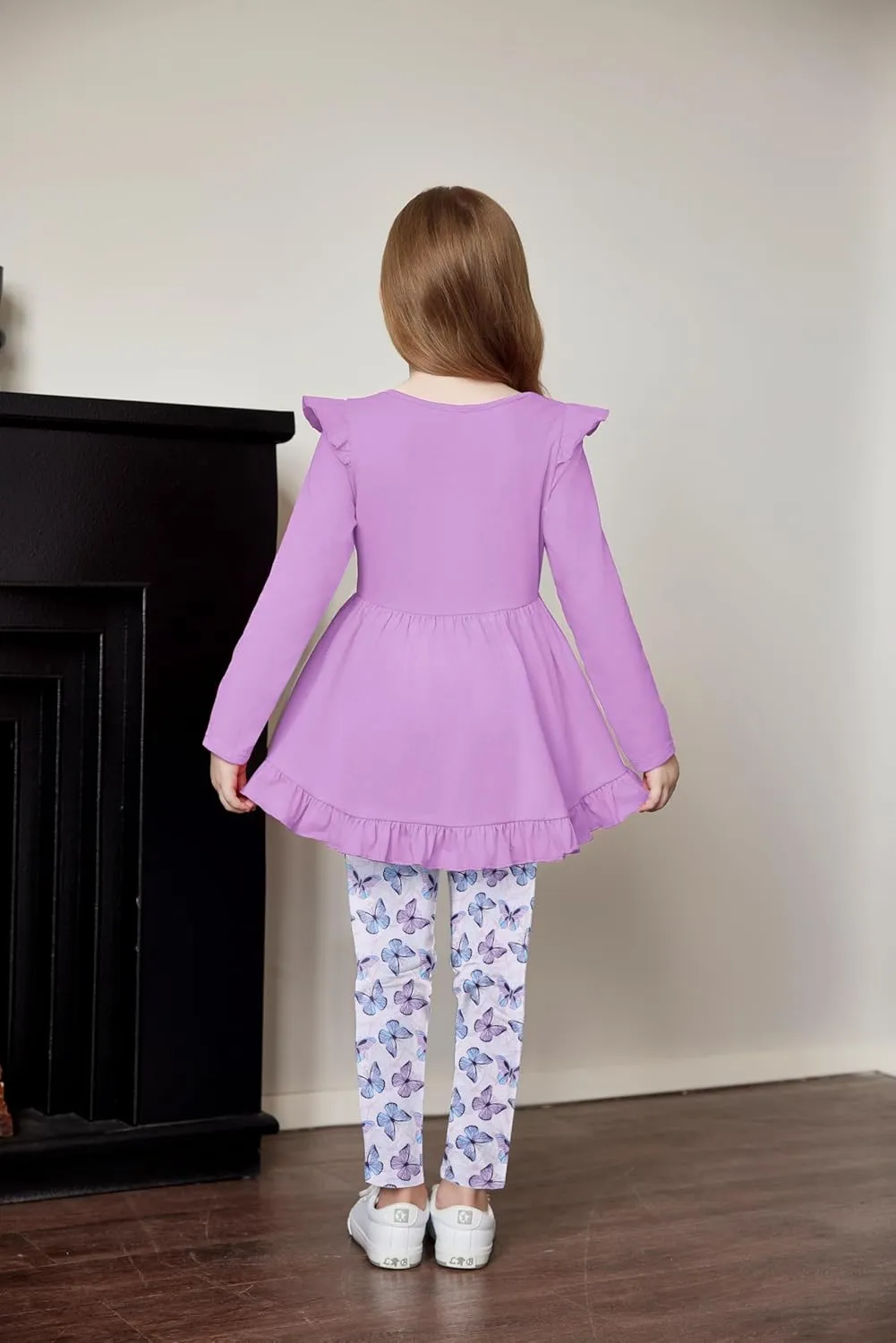 Arshiner Toddler Girl Ruffle Trim Long Sleeve Top and Floral Print Leggings Sets