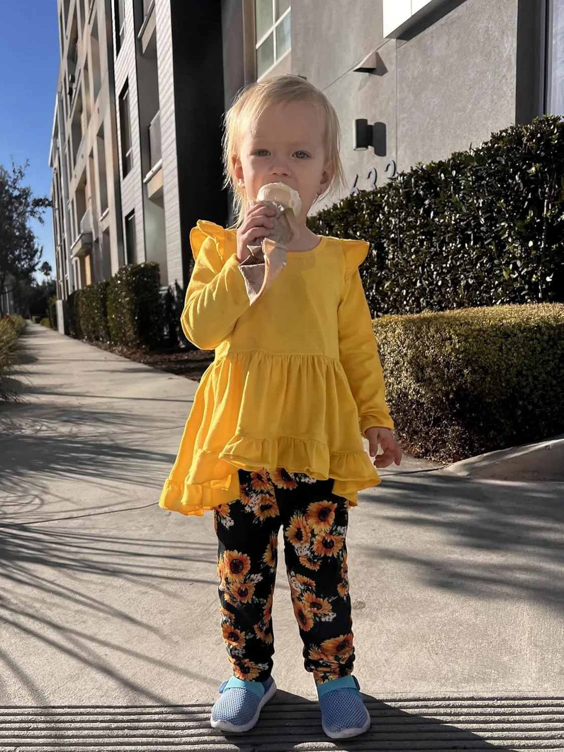 Arshiner Toddler Girl Ruffle Trim Long Sleeve Top and Floral Print Leggings Sets