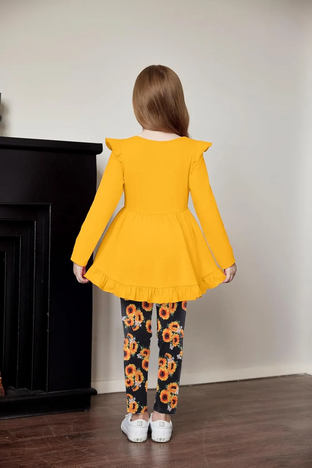 Arshiner Toddler Girl Ruffle Trim Long Sleeve Top and Floral Print Leggings Sets