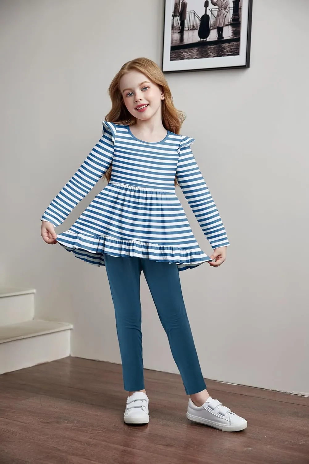 Arshiner Toddler Girl Ruffle Trim Long Sleeve Top and Floral Print Leggings Sets