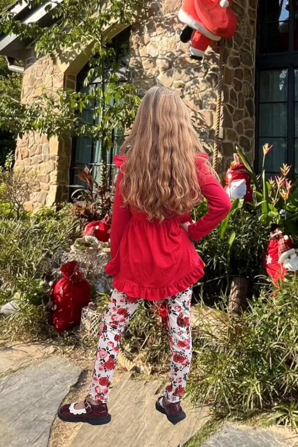 Arshiner Toddler Girl Ruffle Trim Long Sleeve Top and Floral Print Leggings Sets