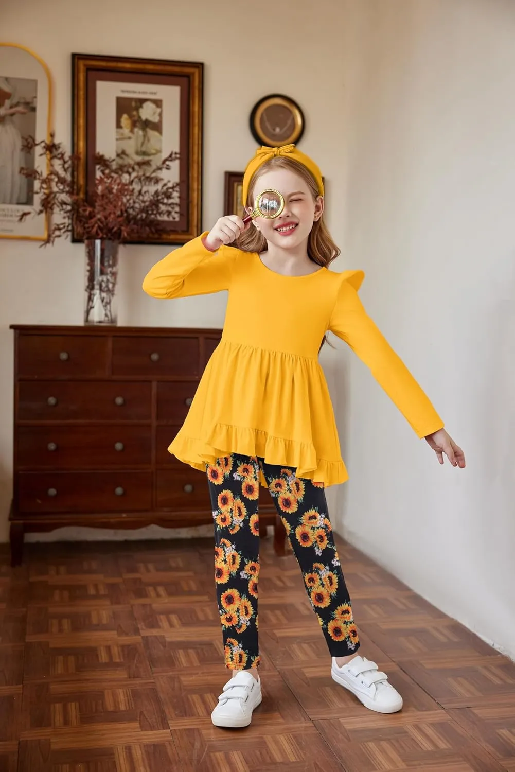 Arshiner Toddler Girl Ruffle Trim Long Sleeve Top and Floral Print Leggings Sets