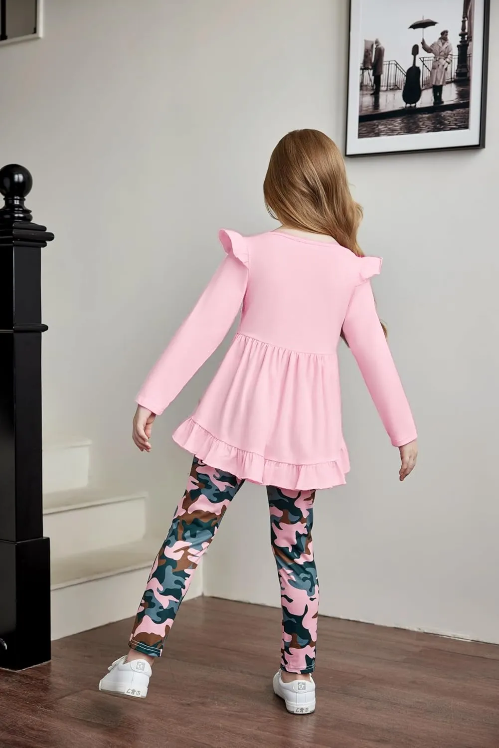 Arshiner Toddler Girl Ruffle Trim Long Sleeve Top and Floral Print Leggings Sets