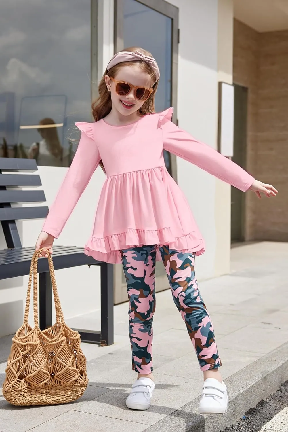 Arshiner Toddler Girl Ruffle Trim Long Sleeve Top and Floral Print Leggings Sets