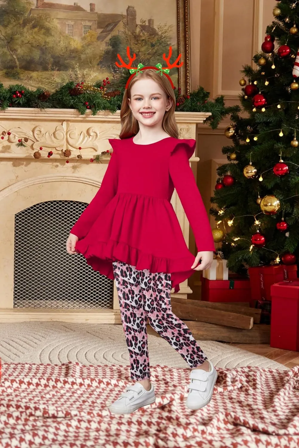 Arshiner Toddler Girl Ruffle Trim Long Sleeve Top and Floral Print Leggings Sets