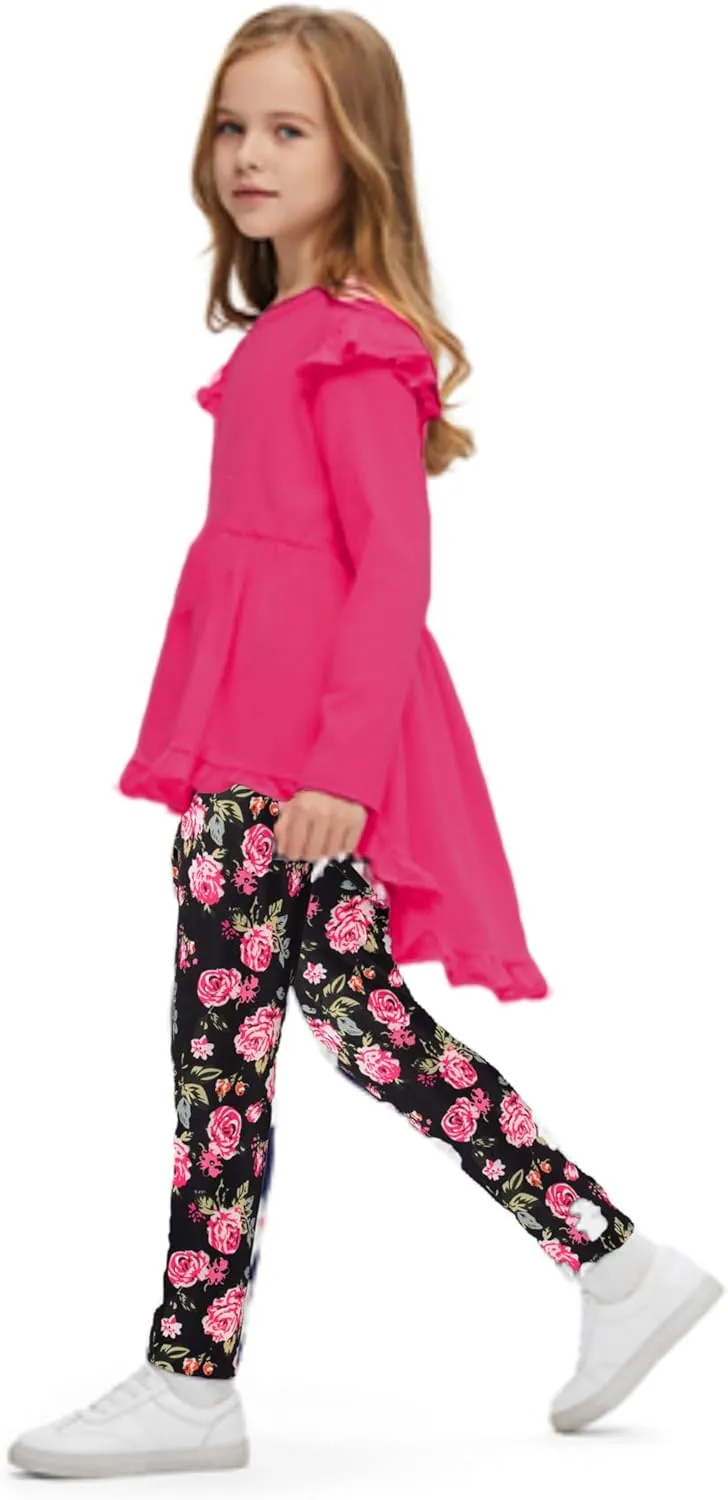 Arshiner Toddler Girl Ruffle Trim Long Sleeve Top and Floral Print Leggings Sets