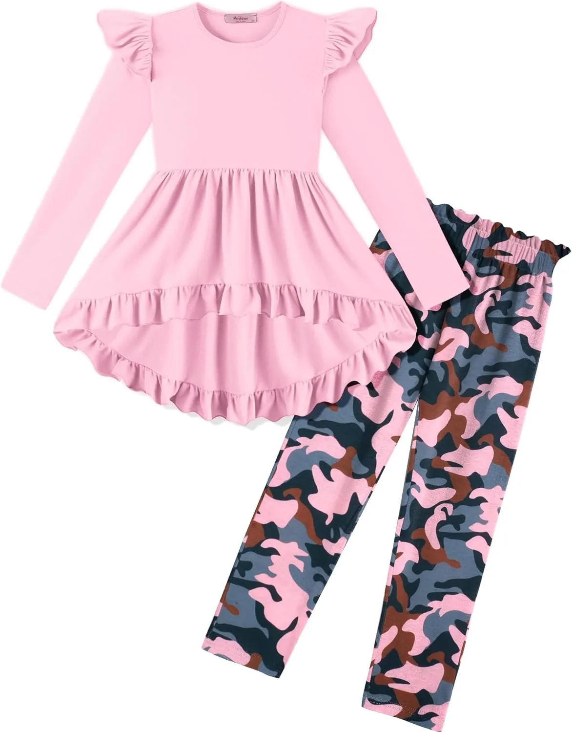 Arshiner Toddler Girl Ruffle Trim Long Sleeve Top and Floral Print Leggings Sets