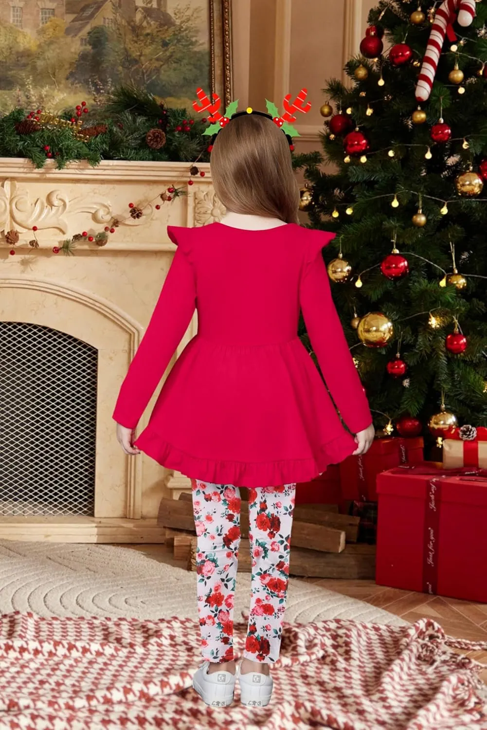 Arshiner Toddler Girl Ruffle Trim Long Sleeve Top and Floral Print Leggings Sets