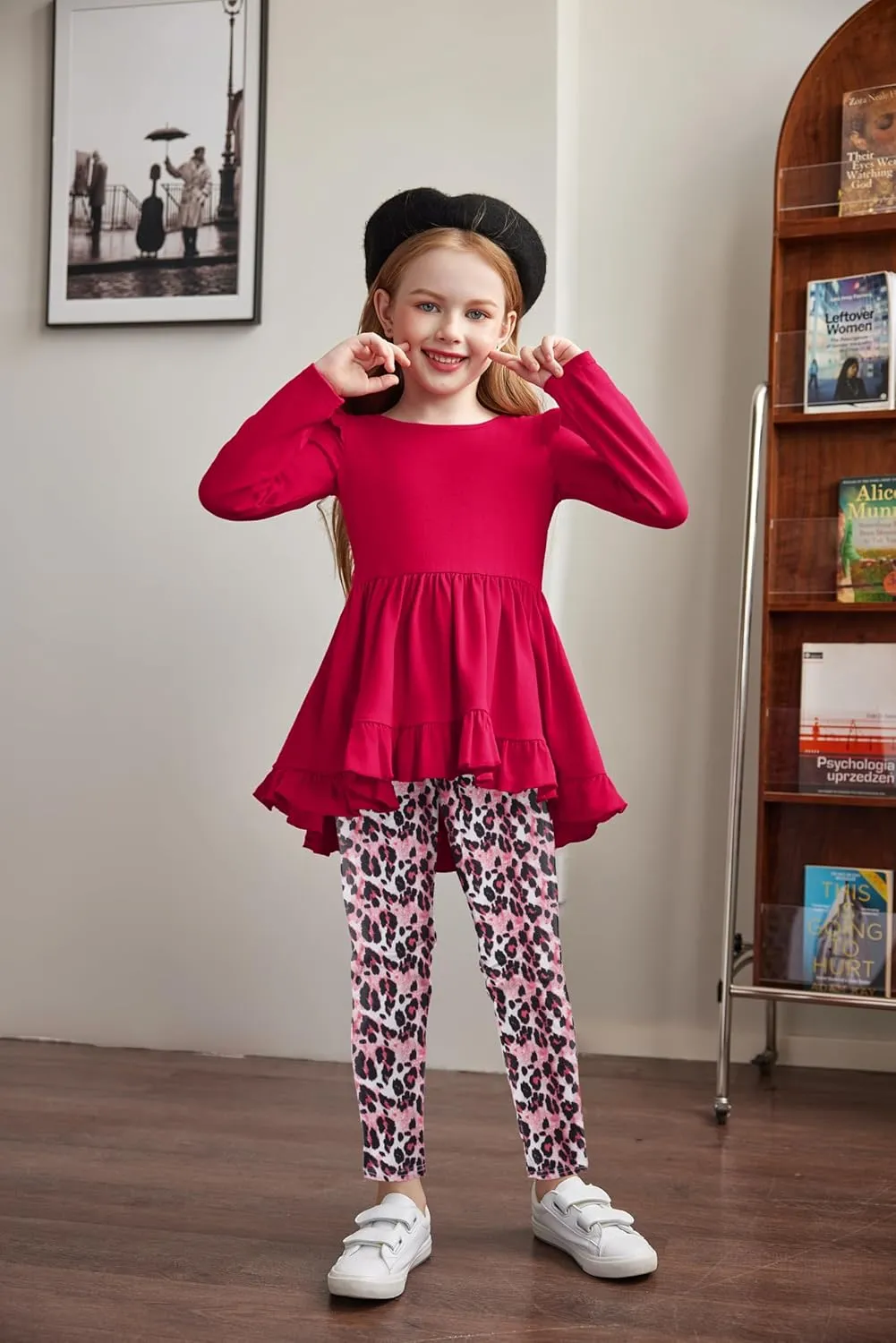 Arshiner Toddler Girl Ruffle Trim Long Sleeve Top and Floral Print Leggings Sets