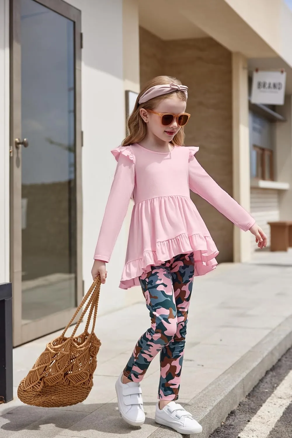 Arshiner Toddler Girl Ruffle Trim Long Sleeve Top and Floral Print Leggings Sets