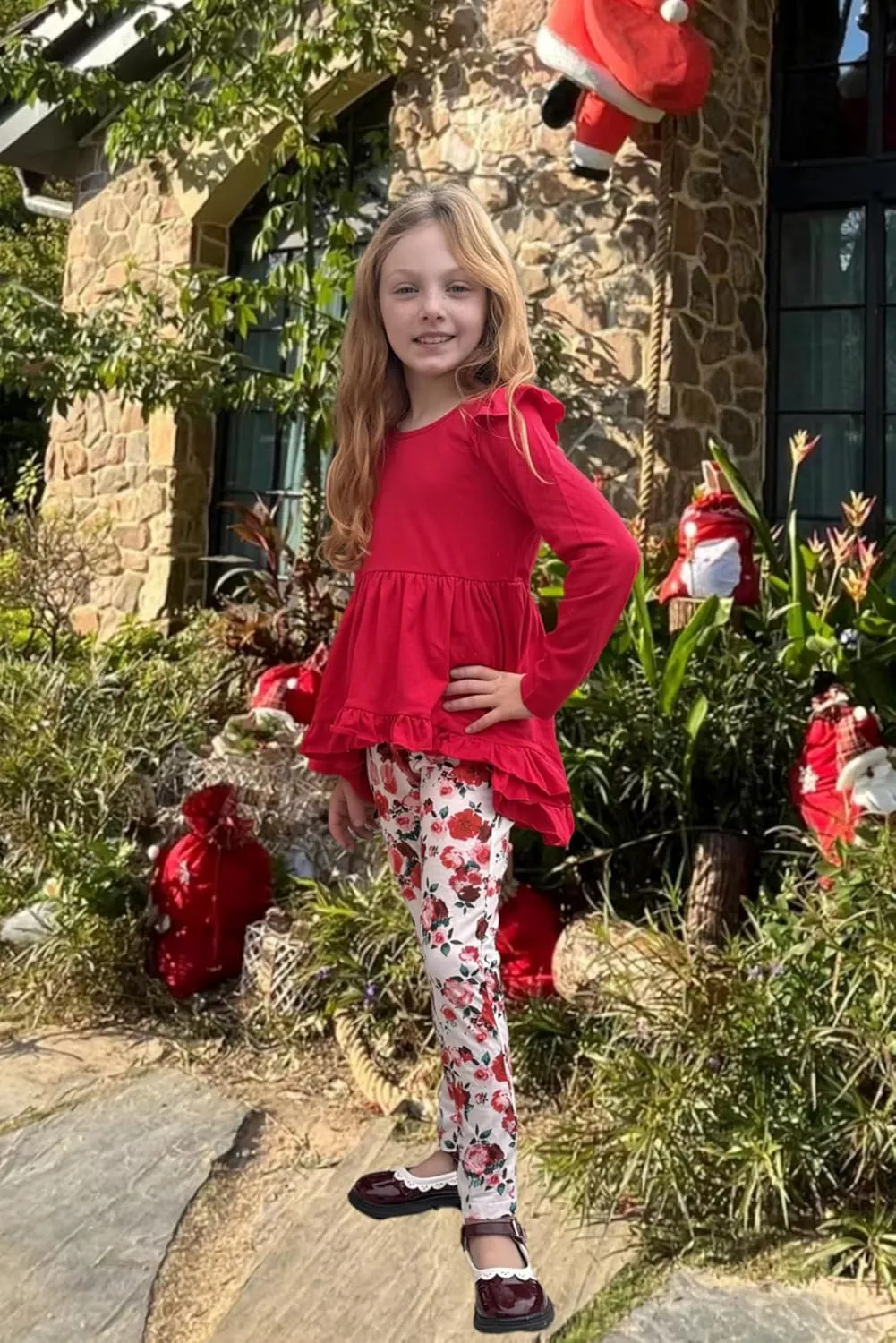 Arshiner Toddler Girl Ruffle Trim Long Sleeve Top and Floral Print Leggings Sets