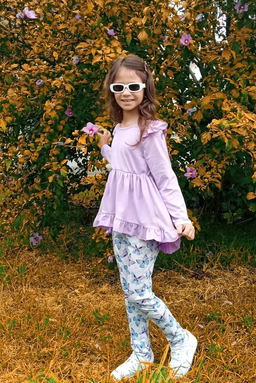 Arshiner Toddler Girl Ruffle Trim Long Sleeve Top and Floral Print Leggings Sets