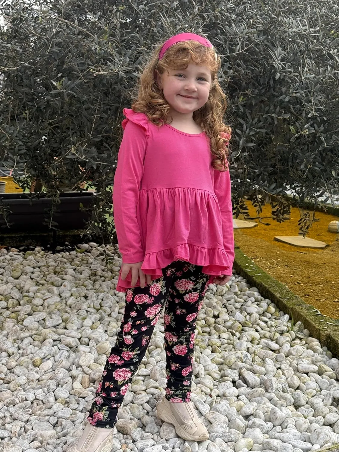 Arshiner Toddler Girl Ruffle Trim Long Sleeve Top and Floral Print Leggings Sets