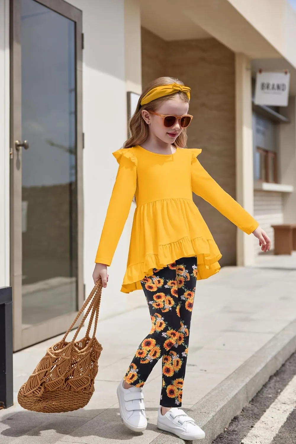Arshiner Toddler Girl Ruffle Trim Long Sleeve Top and Floral Print Leggings Sets