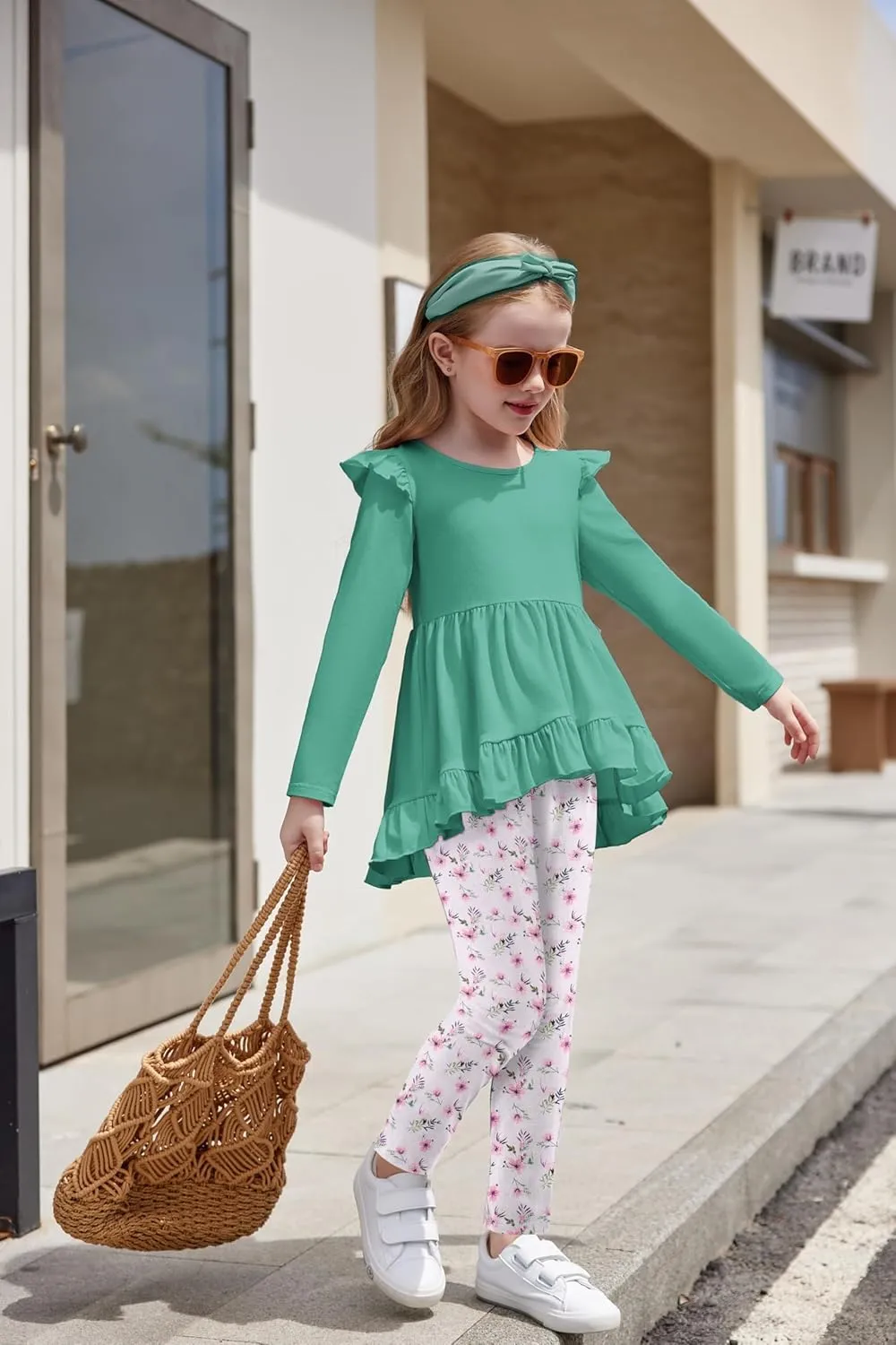 Arshiner Toddler Girl Ruffle Trim Long Sleeve Top and Floral Print Leggings Sets