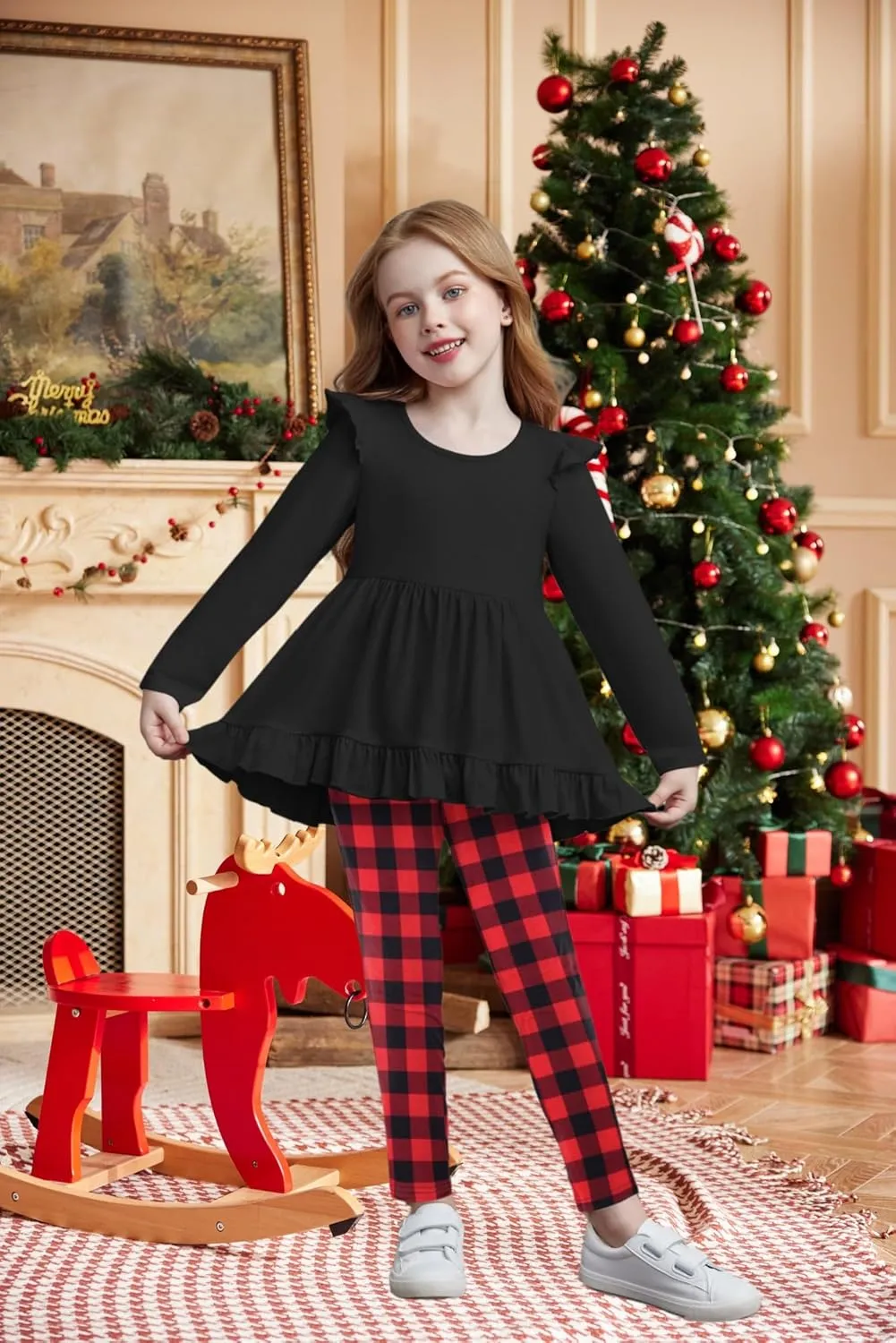 Arshiner Toddler Girl Ruffle Trim Long Sleeve Top and Floral Print Leggings Sets