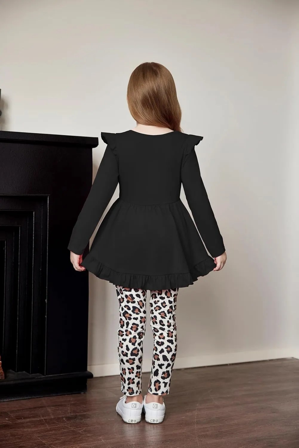 Arshiner Toddler Girl Ruffle Trim Long Sleeve Top and Floral Print Leggings Sets