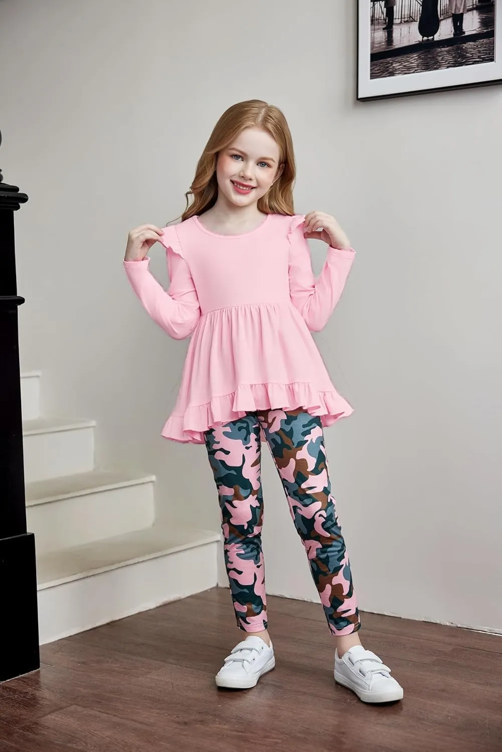 Arshiner Toddler Girl Ruffle Trim Long Sleeve Top and Floral Print Leggings Sets