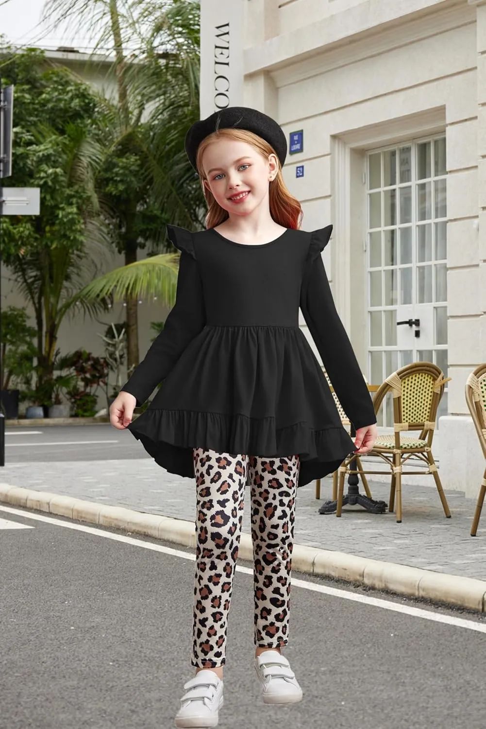 Arshiner Toddler Girl Ruffle Trim Long Sleeve Top and Floral Print Leggings Sets
