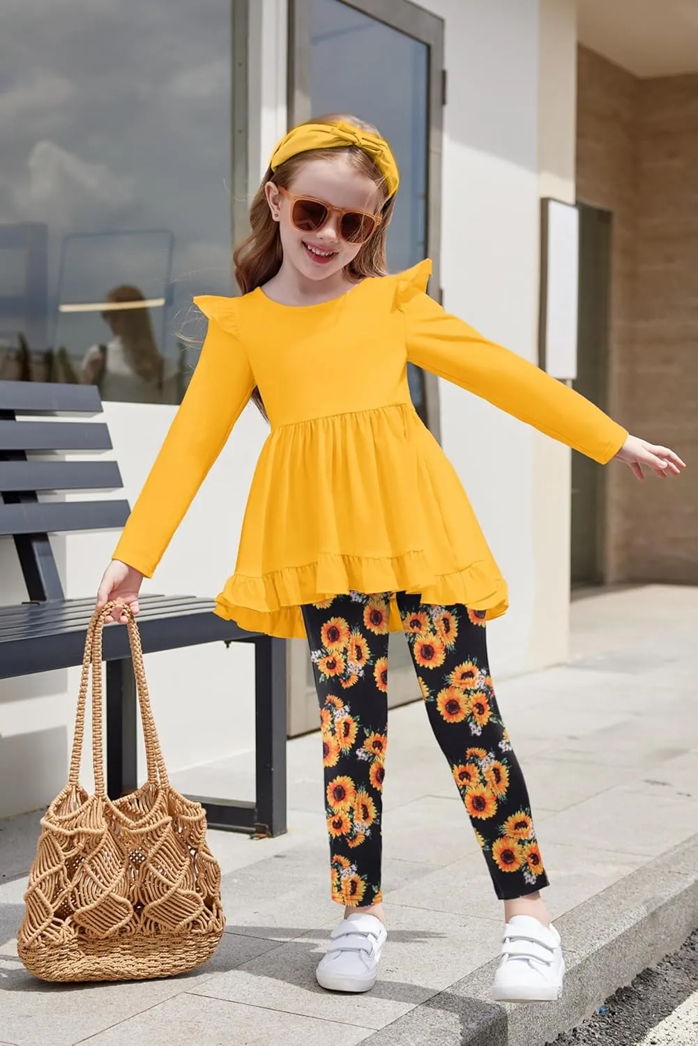 Arshiner Toddler Girl Ruffle Trim Long Sleeve Top and Floral Print Leggings Sets