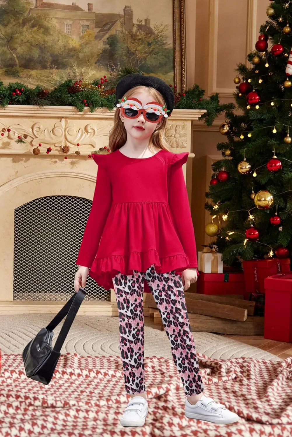 Arshiner Toddler Girl Ruffle Trim Long Sleeve Top and Floral Print Leggings Sets
