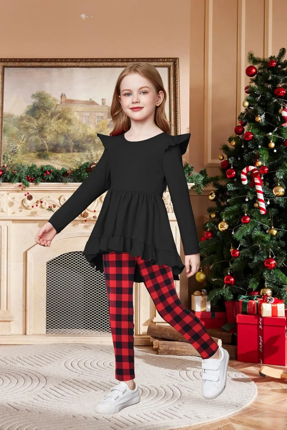 Arshiner Toddler Girl Ruffle Trim Long Sleeve Top and Floral Print Leggings Sets