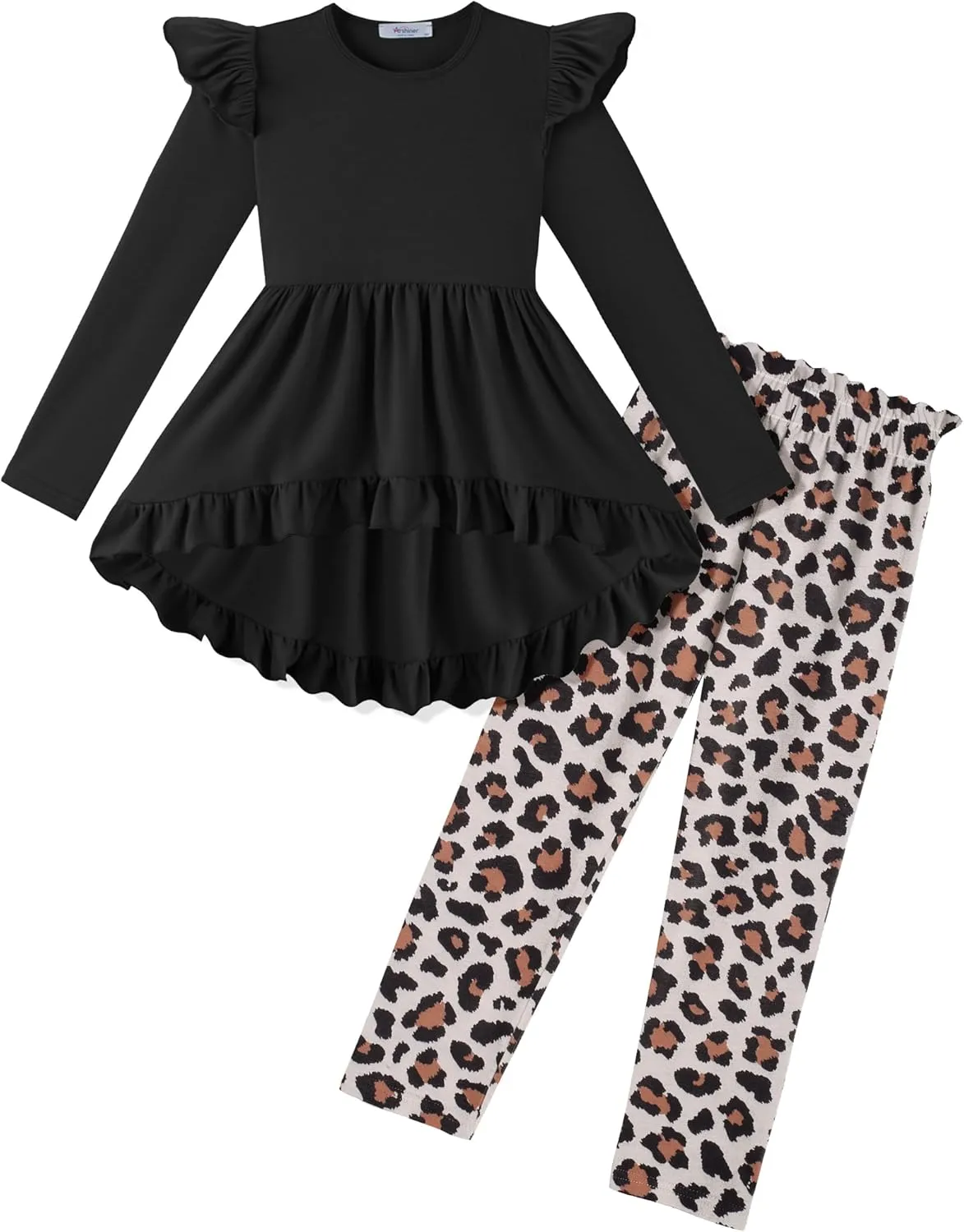 Arshiner Toddler Girl Ruffle Trim Long Sleeve Top and Floral Print Leggings Sets