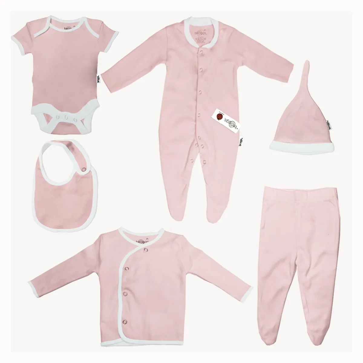 Baby Set | 100% Cotton |  6-Pieces | Hat | Bib | Jacket | Sleepsuit | Bodysuit | Leggings | Age Newborn – 6 Months | Colour Pastel Pink | Broggs®
