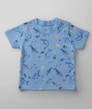 Boys Blue Fish Printed Round Neck T-shirt